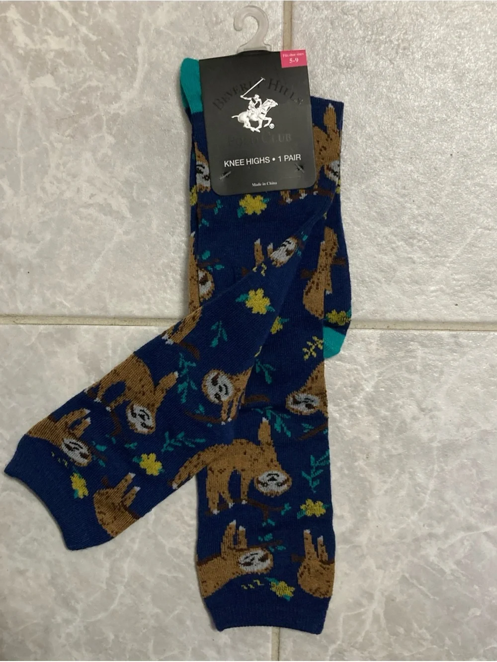 New with Tags Beverly Hills Polo Club Knee High SLOTH Socks Size 5-9